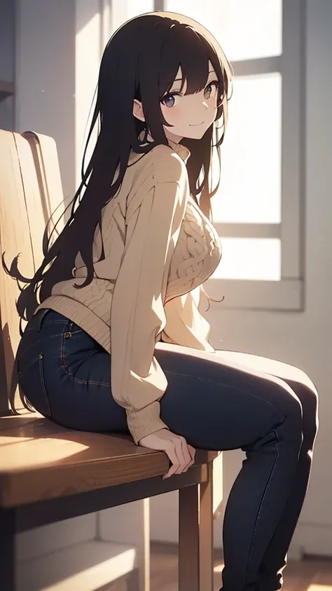 Beautiful anime girl with ((pale yellow long lush hair)) and a ((beige knitted sweater)), big beautiful lush breasts, beautiful hips, (best quality, masterpiece, clear focus), a well-developed beautiful face, well-developed hands, well-designed, (attention...