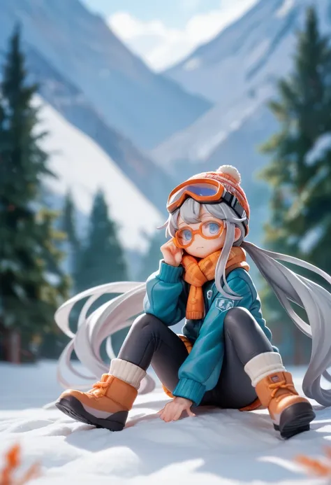 snowboarding　snow mountain　princess　knitted hat　snow goggles　snowwear　gray hair　primary school students　long twin tails　glasses