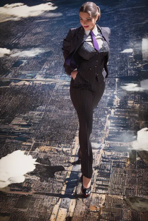 Young massive Gigantic giantess woman bigger the whole cities, beautiful curves a massive thighs, hair in a long fishtail braid, lipstick wearing a perfect perfect tailored grey pinstriped trouser suit and blazer, crisp white shirt and large broad purple w...