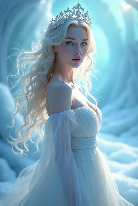 blond woman in white dress with blue eyes and a crown, a beautiful fantasy empress, ((a beautiful fantasy empress)), goddess. extremely high detail, ice queen, beautiful and elegant elf queen, goddess of winter, queen of winter, beautiful goddess, beautifu...