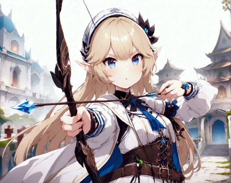 Anime Style,1girl,Kyudo Club,Drawing a bow,Long Bow and Arrow no String,white bow,Take aim,concentrated,Blonde Hair,ponytail,Blue eyes,High Elf Archer,Shining Eyes,Shining Eyesのハイライト,White Hoodie Like a Sapphire,Black Belt,White Beret,Has a bow,Draw the bo...