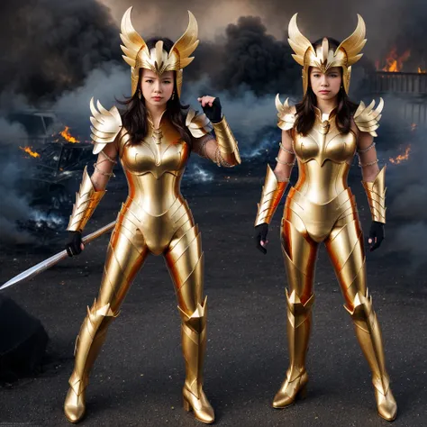 (Masterpiece), (best quality), (1 girl), Girl in golden armor, Coole Pose, Battlefield Background, Fire background, Saint Seiya Armor, Messy hair, broken armor, Ragged clothing