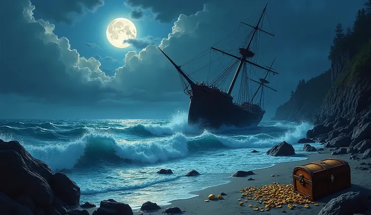  shipwrecks on rocks, (( setting moon on horizon)), broken hull, stormy night, storm tossed waves, pirate treasure and chests  washed up on the rocky beach, low cliffs, craggy rocks, coastline, dark, dramatic, stylized, watercolor, intricate detail