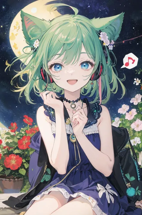 ((Best Quality)), ((masterpiece)), (detailed), A girl sitting and singing,Green Hair,Short bob with a bun,Cat ear headphones,Choker with bells,blue eyes,Starry Sky,moon,Chibi,One piece dress,White cut and sew,Sleeping cat,Hollyhock flower,Musical note spee...