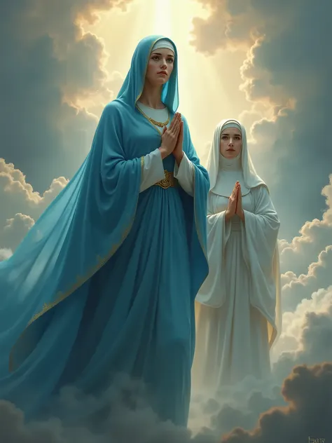 A woman in a blue cloak, with a nun, in a white robe, an image of Johannes Martini, tumblr, Digital Art, queen of heaven, Virgin Mary, miraculous cloudy scenery, majestic holy woman, she is arriving heaven, immaculate, sacred and beautiful, sacred images,