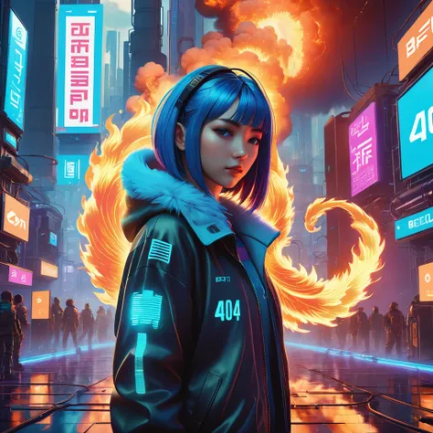 Advertising poster style 404, Text 404, Logo 404, City 404, Fusion 404, Machine scene with fire and flames, digital Cyberpunk anime art, digital Cyberpunk anime art, Beeple masterpiece, Beeple daily art, Beeple, Advanced digital cyberpunk art, Beeple hyper...