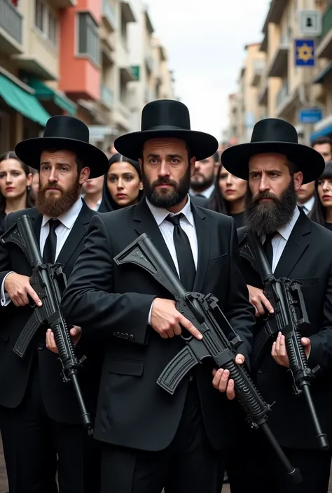 Realistic Photo of Heavily Armed 30-Year-Old Jewish Men, with Jewish women in a Jewish area focus on the image.