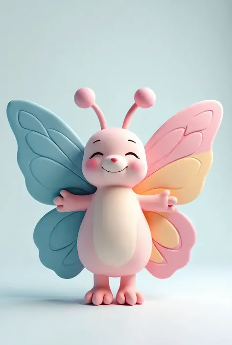 A front view of a 3D butterfly mascot showcasing soft pastel-colored wings in shades of blues, pinks, and yellows. The butterfly has a soft and elegant appearance, with its wings fully spread to display the vibrant yet gentle pastel colors. The butterflys ...