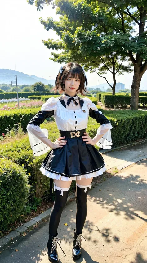 (8k、RAW Photos、Best Quality、masterpiece:1.2)、(Realistic、Realistic)、1 person、((See-through、Frills、Anime Cosplay、Medium Hair、tights、check、Ribbon on chest、Black Dress、Thin legs、boots、View from the front、Looking into the camera、garden、Stand with hands on hips)...