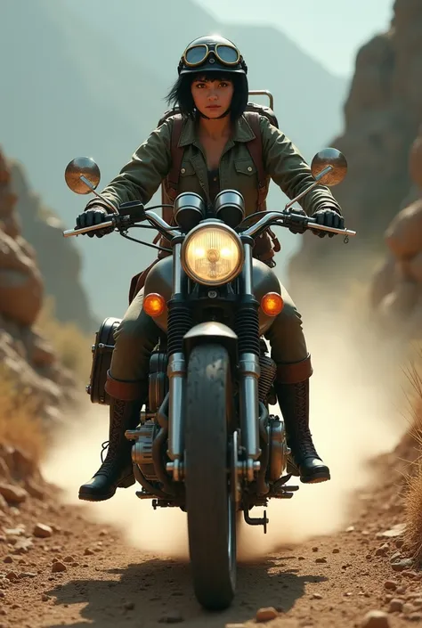 On a long journey、A vintage trail motorcycle loaded with luggage races down a rough, narrow mountain road, kicking up dust with its rear wheel and lifting the front wheel.、Black short hair、Vintage Helmet、Gloves、goggles、Military jacket、jeans、A beautiful and...