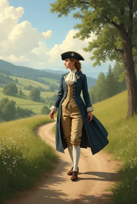 A countryside path. A girl in her 20s wearing: wide knee-lenght breeches, a wide long-sleeved military buttoned justacorps, a white jabot, white hoses, leather shoes and a tricorn hat.