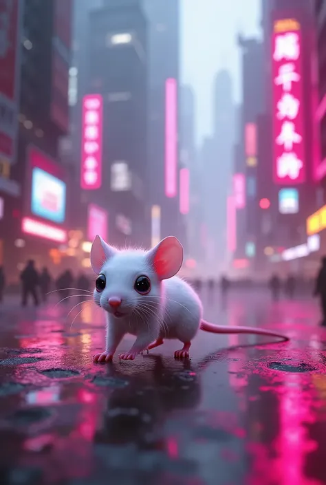 Creat white mouse in cyberpunk city in pink light