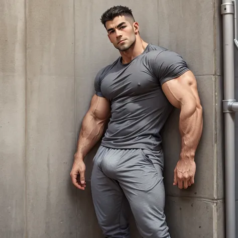 a muscular man, wearing an gray t-shirt, bulge, vpl, leaning against a wall in a city