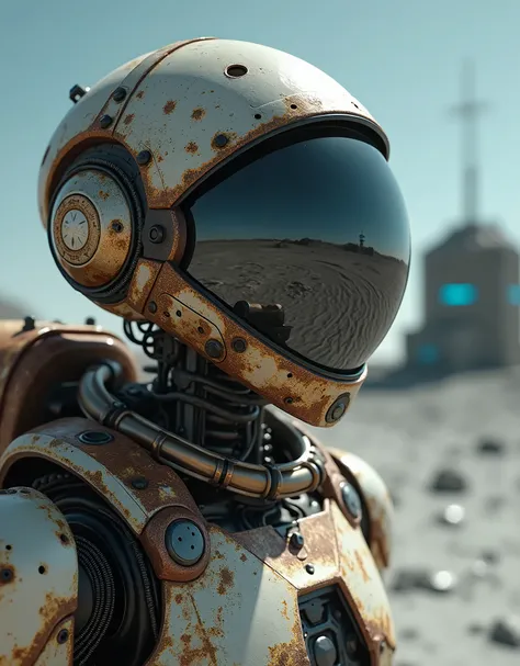 Real life, Photography in portrait mode, The camera zooms in on the robot’s visor, reflecting the barren lunar landscape, as patches of rust contrast against the ethereal blue lights flickering from the crumbling base’s control panels, Complex CGI, Hyperre...