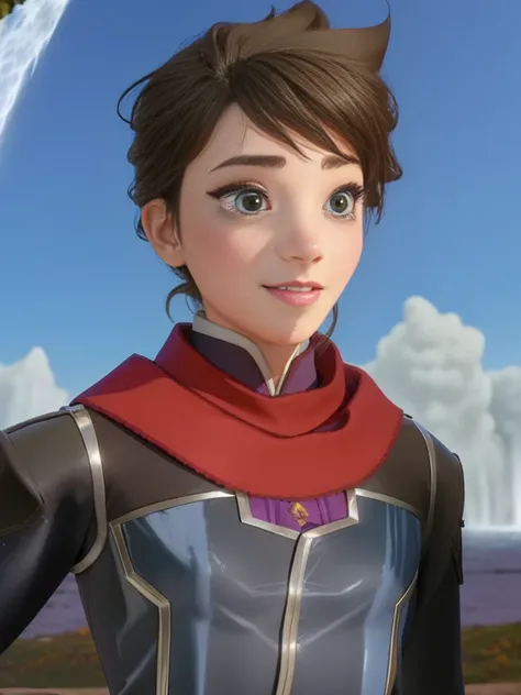 (Excellent work:1.4), (Best quality:1.4), (high resolution:1.4), Elsa of Arendelle, Long hair,Purple bra,Folded at the back with a black belt with a silver buckle, Topped with a dark blue long-sleeved jacket.,Wear loose dark grey trousers. ,Dark brown boot...