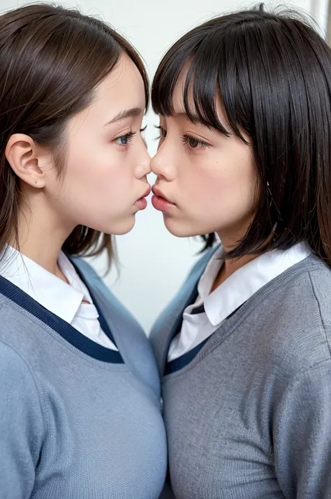 2girls, (kiss:1.2), confronting, school uniform, top angle view, adhere, (close contact:1.2), pressed, (close-up:1.6), compression, (symmetrical docking:1.5), breasts dig into breasts