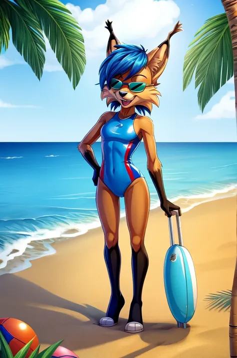 Lynx cartoon full length skinny slim in blue lycra swimsuit on the beach with happy face sunglasses multicolored hair