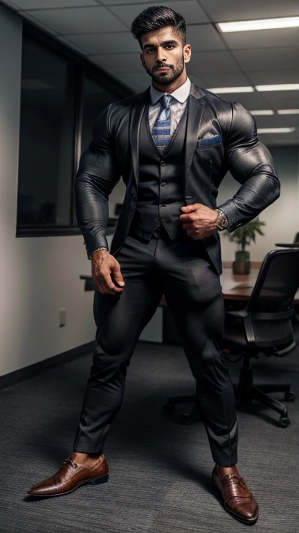 Handsome tall indian muscular hunk in formal suit, formal shoes, socks, standing in office with spreadlegs, masterpiece, hd, HDR, depth of field, hd, hdr, D750F nikon camera photography, sharpness, detailed picture, masterpiece 