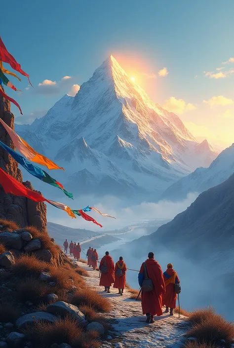 "Mount Kailash in Tibet, depicted at sunrise with its snowy peak glowing against a backdrop of a clear blue sky. Pilgrims walk around the mountain in reverence, their colorful prayer flags fluttering in the wind, highlighting the sacred atmosphere."