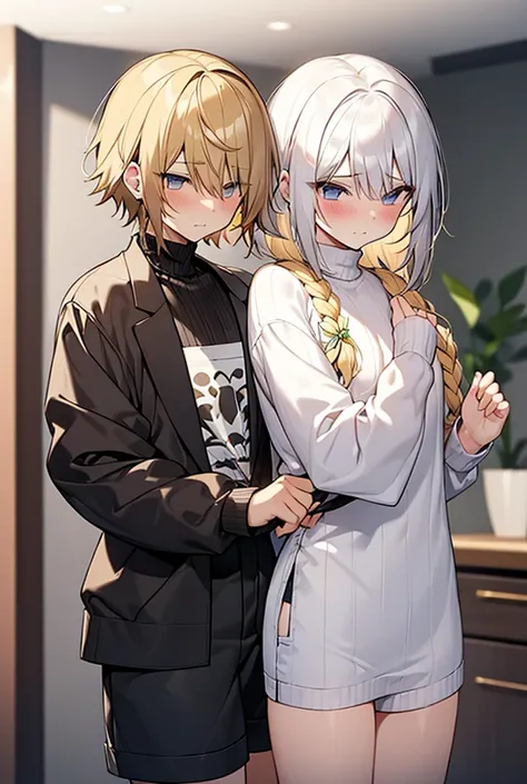 A femboy boy, tasty, short light yellow hair with a braid and a flower on the side, wearing a shirt and a sweater underneath, and wearing short shorts. Looking at me with malice and desire, in a sensual pose, is blushing, inside a simple room.