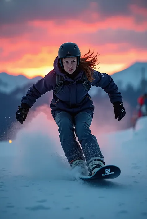 A woman snowboarder is riding down the slope and his snowboard has Salomon name on the board and you have a front view her and it is night she is jumping over a jump with a sunrise in the background,hers face super detailed without blur or morthing ,UHD ,4...