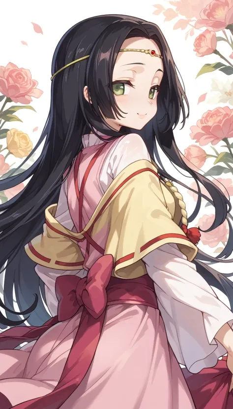 score 9, score 8 up, score 7 up, rating questionable, detailed background, kaguya, wide hips, shiny skin, blush, light smile, half-closed eyes, look back, black hair, long hair, forehead, pink dress, small yellow cardigan