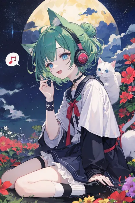 ((Best Quality)), ((masterpiece)), (detailed), Full body shot of a girl sitting alone,Singing,Green Hair,Short bob with a bun,Cat ear headphones,Put your hands on the headphones,Choker with bells,blue eyes,Starry Sky,moon,Chibi,one piece,White cut and sew,...