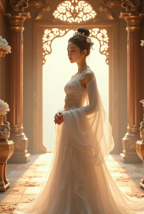 masterpiece, best quality, (extremely detailed CG unity 8k wallpaper), (best quality), (best illustration), (best shadow), absurdres, realistic lighting, (Abyss), beautiful detailed glow, art by PeterMohrBacher,there is a woman in a white dress standing in...