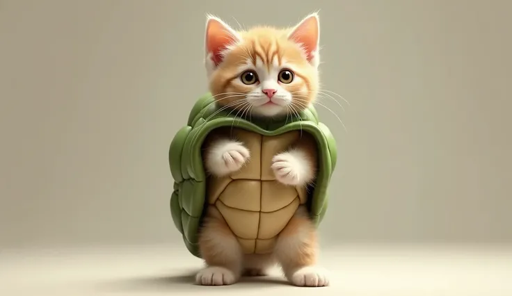 Realistic cute kitten　Dressed in a turtle costume　Stand up
