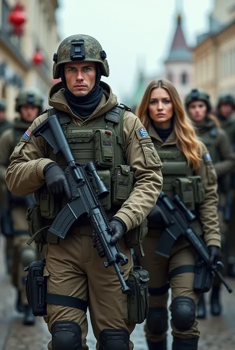 Realistic Photo of Heavily Armed 30-Year-Old Russians, with Russian women in a Russian area focus on the image.