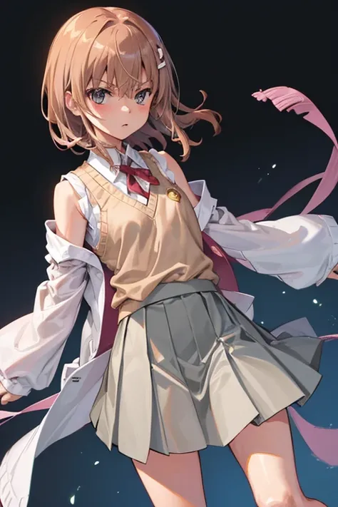 Misaka Mikoto、A Certain Scientific Railgun、girl、Small breasts、whole body、Contrasted、Sleeve blouse、Beige knit vest、Plain grey pleated skirt、