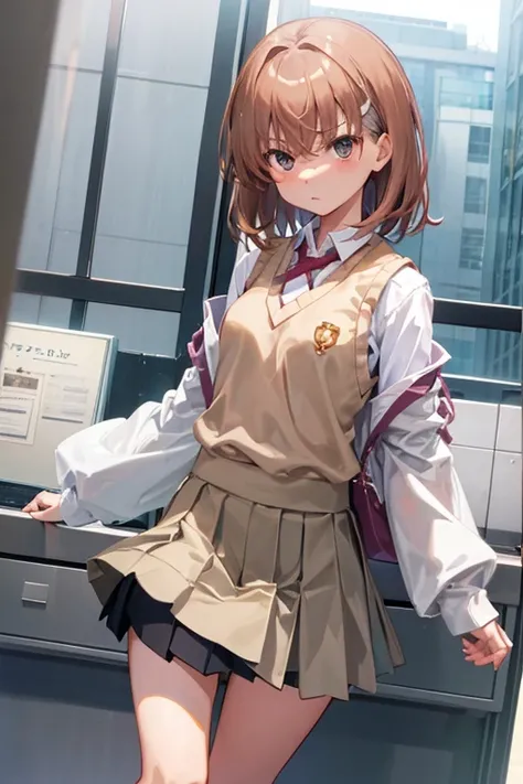 Misaka Mikoto、A Certain Scientific Railgun、girl、Small breasts、whole body、Contrasted、Sleeve blouse、Beige knit vest、Plain grey pleated skirt、