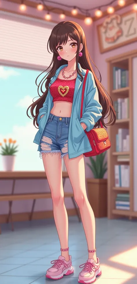 A beautiful anime girl with long brown hair and light brown eyes.  She is wearing a  red sequined crop top . She is wearing ripped jeans.  She is wearing a heart shaped pink necklace.  Her crop top is imprinted a golden chain.  She is wearing faded pink sn...