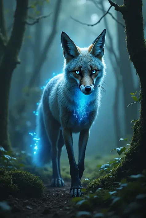 Un renard qui marche dans une forêt. Il doit être a moitier vivant, a moitier mort. On doit voir lintérieur de son corps avec une petite lueur bleu représentant son esprit.