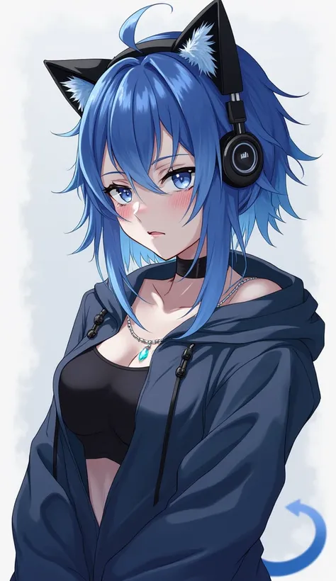 1 girl, Alone, High resolution, Multi-colored hair, Undercut, Cat ears, Crystal rings, blushing, Make-up, headphones, offener Mund, Full Body Character Sheet, big boobs, sad smile, Blue hair, 