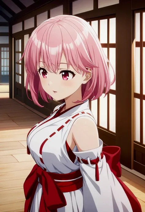 1 girl, pink hair, short hair above the shoulders, pink-red eyes, miko clothing, CG, screenshot