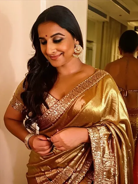  Picture a sultry, plus-size MILF with small breasts, confidently draped in a liquid satin sexy choli saree from the Vidya Balan collection. This revealing partywear is crafted from ice silk. The thin, simulation silk fabric clings to her curves, highlight...