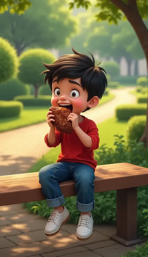 A boy wearing a red shirt, blue jeans, white shoes sitting on a park bench 
, eat a piece of meat greedily