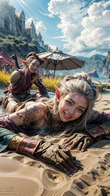 (8K, Raw photography, top-quality, ​masterpiece:1.2),  two elf Woman、girl at the age of 18,Happy smile,teeth,open mouth,slime,beach,sand beach,Detailed, realistic, beautiful elf girl, colorful, high quality.