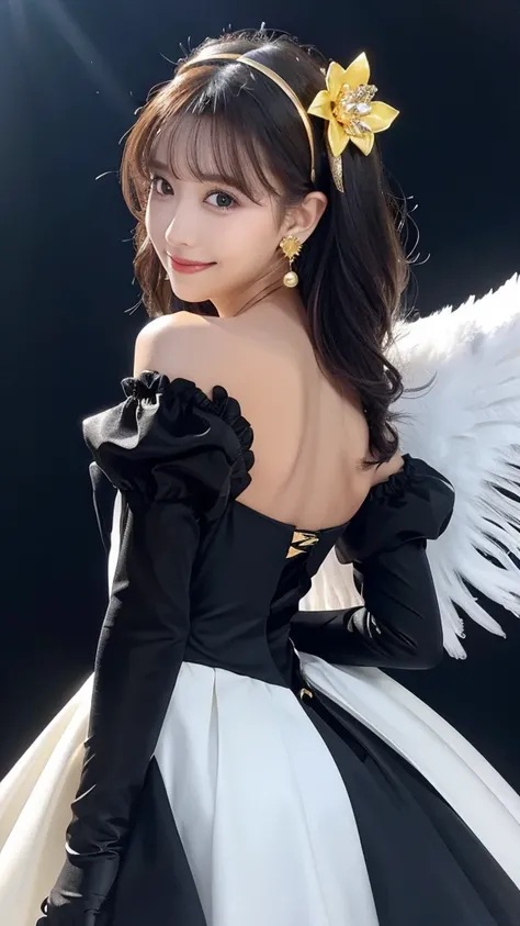 Jolbria, Angel Wings, Beautiful woman, (Realistic), Backlight, Black background, black dress, black gloves, Black Hair, smile, Cowboy Shot, dress, Earrings, Floating Hair, gloves, gold Earrings, gold Hairbands, Hair Flower, Hair accessories, ((Hairbands)),...