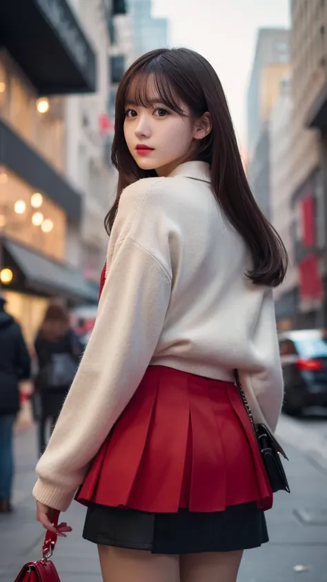 High resolution,masterpiece,Best Quality,Very detailed,Viewer discretion advised,One girl,city, street,Put your arms behind your back, Black Skirt, Red coat, Eye focus,