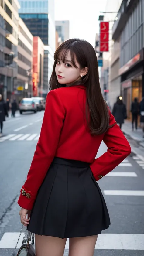 High resolution,masterpiece,Best Quality,Very detailed,Viewer discretion advised,One girl,city, street,Put your arms behind your back, Black Skirt, Red coat, Eye focus,