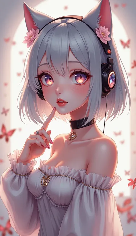 1 girl, Alone, High resolution, Undercut, Cat ears, Crystal rings, blushing, Make-up, headphones, offener Mund, Full Body Character Sheet, big boobs, romanticism, Silver grey hair, 