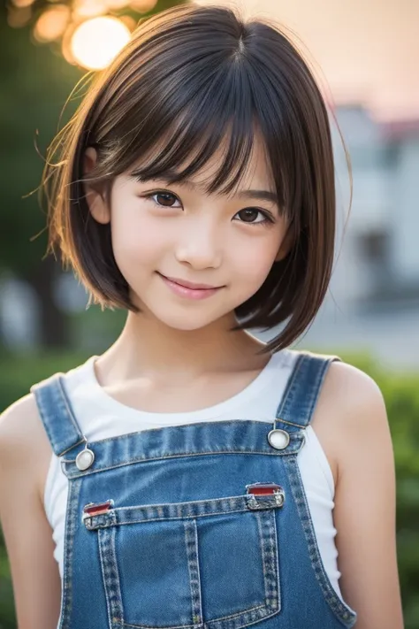 idol, One girl, Japanese, Middle school students, Elementary school student, prety, Sparkling eyes, No body hair, Thin legs, Attention to detail, Highest quality, High resolution, bobbed hair, short bob, mini denim skirt, the girl with the denim overall sh...