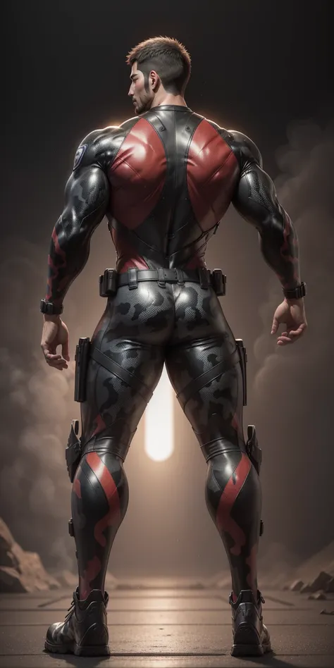 Tall giant Muscular police officer，Back，Solid back，He is tall，Very long legs.，Huge buttocks，Red and black striped camouflage diving suit，Shiny snake scale texture，have（Python）Tightly Wrap，Round and firm buttocks，Character Conception（Resident Evil - Chris R...