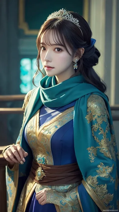 A woman in a blue dress with a long green scarf, Beautiful character drawings, Beautiful Fantasy Empress, Jan J, style of ArtJam, ArtJam and ruan jia, extremely detailed ArtJam, trending ArtJam, ArtJam. Anime illustration, ruan jia and ArtJam, Inspired by ...