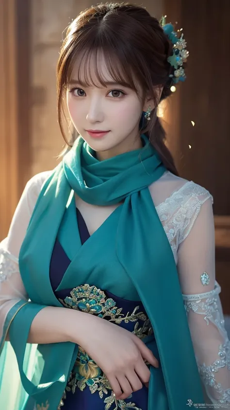 A woman in a blue dress with a long green scarf, Beautiful character drawings, Beautiful Fantasy Empress, Jan J, style of ArtJam, ArtJam and ruan jia, extremely detailed ArtJam, trending ArtJam, ArtJam. Anime illustration, ruan jia and ArtJam, Inspired by ...