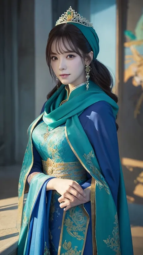 A woman in a blue dress with a long green scarf, Beautiful character drawings, Beautiful Fantasy Empress, Jan J, style of ArtJam, ArtJam and ruan jia, extremely detailed ArtJam, trending ArtJam, ArtJam. Anime illustration, ruan jia and ArtJam, Inspired by ...