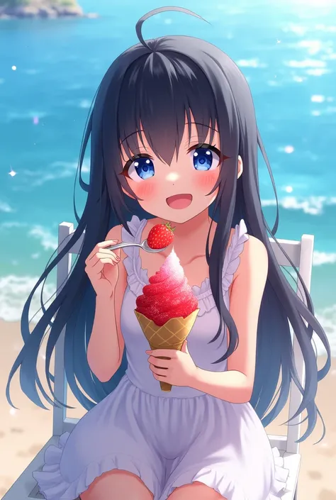 One girl, solo, Long Hair, blue eyes, Black Hair, Open your mouth, Eating shaved ice with strawberry syrup、Eating with a spoon、Wearing a white dress、Sitting in a chair、There is the sea、happiness/joy, Sparkling eyes, Sparkle Effect, Reflected Light, anime, 