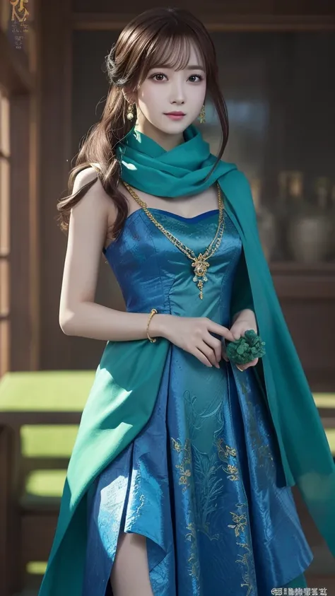 A woman in a blue dress with a long green scarf, Beautiful character drawings, Beautiful Fantasy Empress, Jan J, style of ArtJam, ArtJam and ruan jia, extremely detailed ArtJam, trending ArtJam, ArtJam. Anime illustration, ruan jia and ArtJam, Inspired by ...